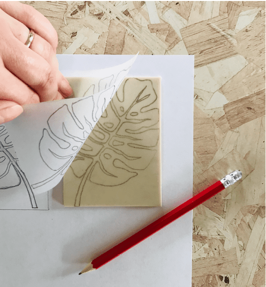 image of monstera leaf drawn on a piece of SoftCut