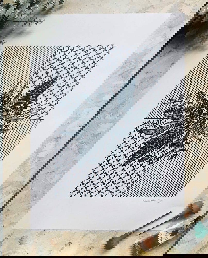 Hayley Anderson flowers geometric print Black and white flower lino print on geometric background