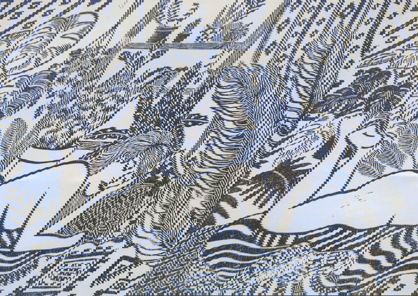 Blue Lady Lino print of naked lady lying amongst plants