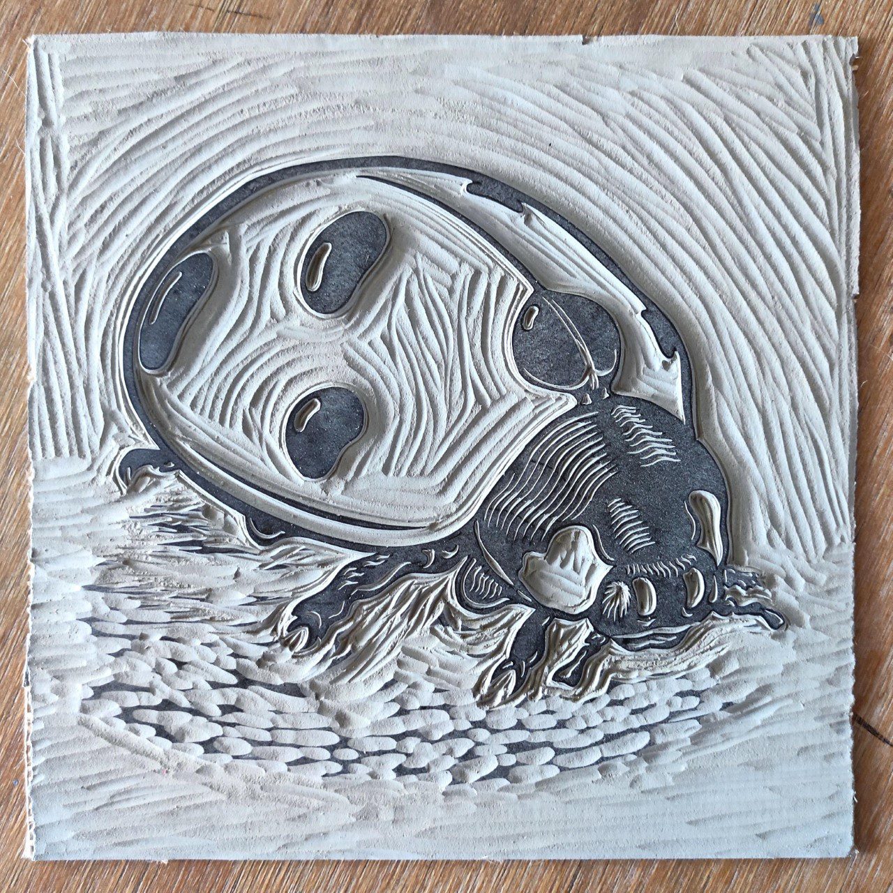 Ladybird linocut blog 2 Carved outline of ladybird
