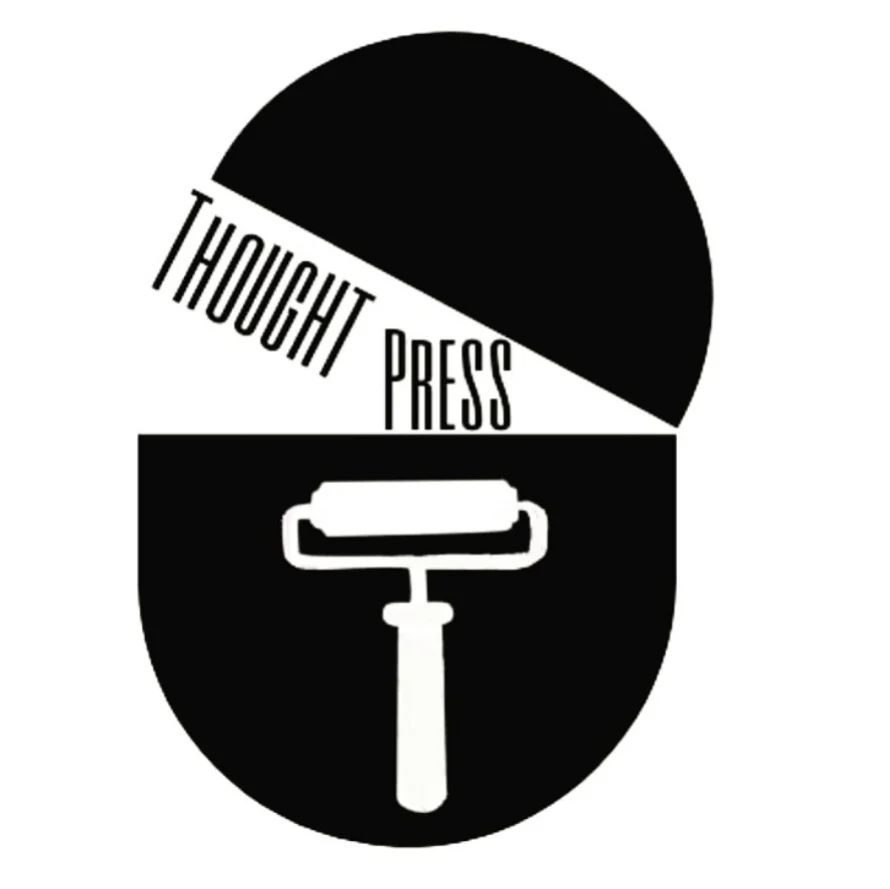 Logo for thought press project, white roller on black background