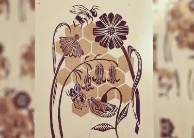 lino print of bees by Amie Bell