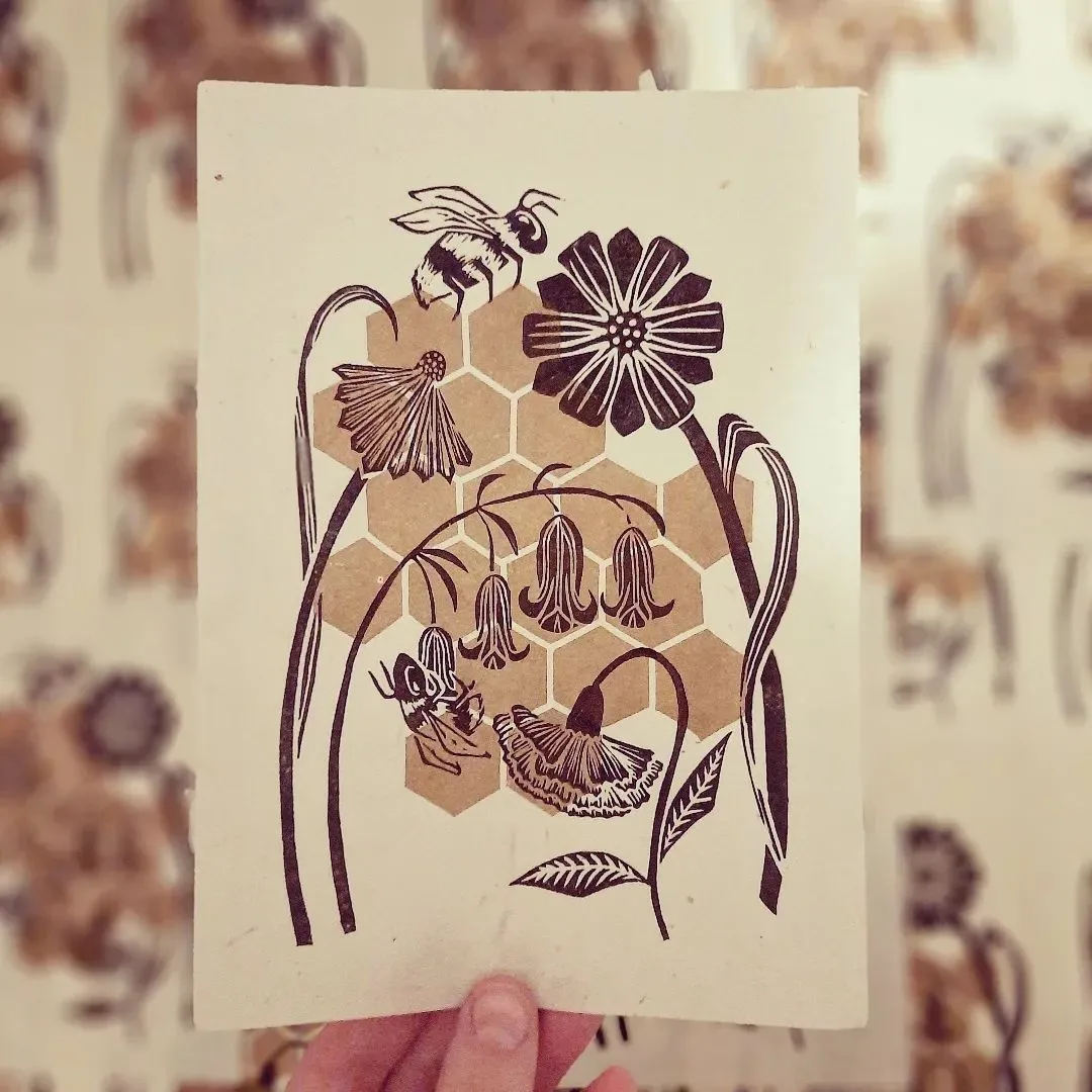 lino print of bees by Amie Bell