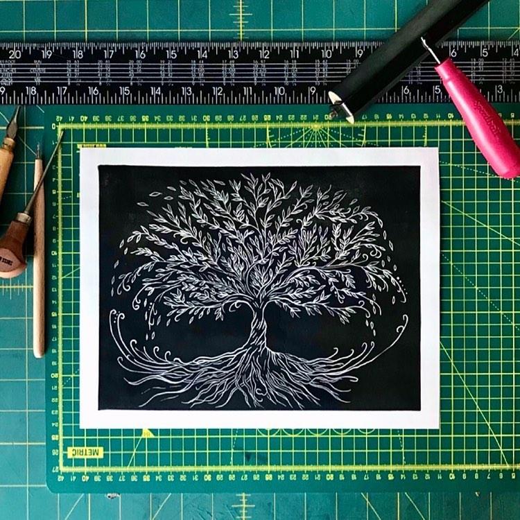 tree lino print by Jonny Scaramuzza for thought press project
