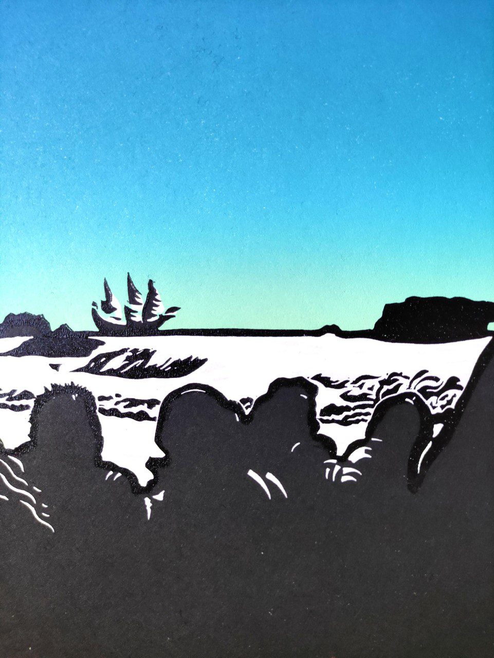 Goonies linocut Lino print of a scene from the goonies film