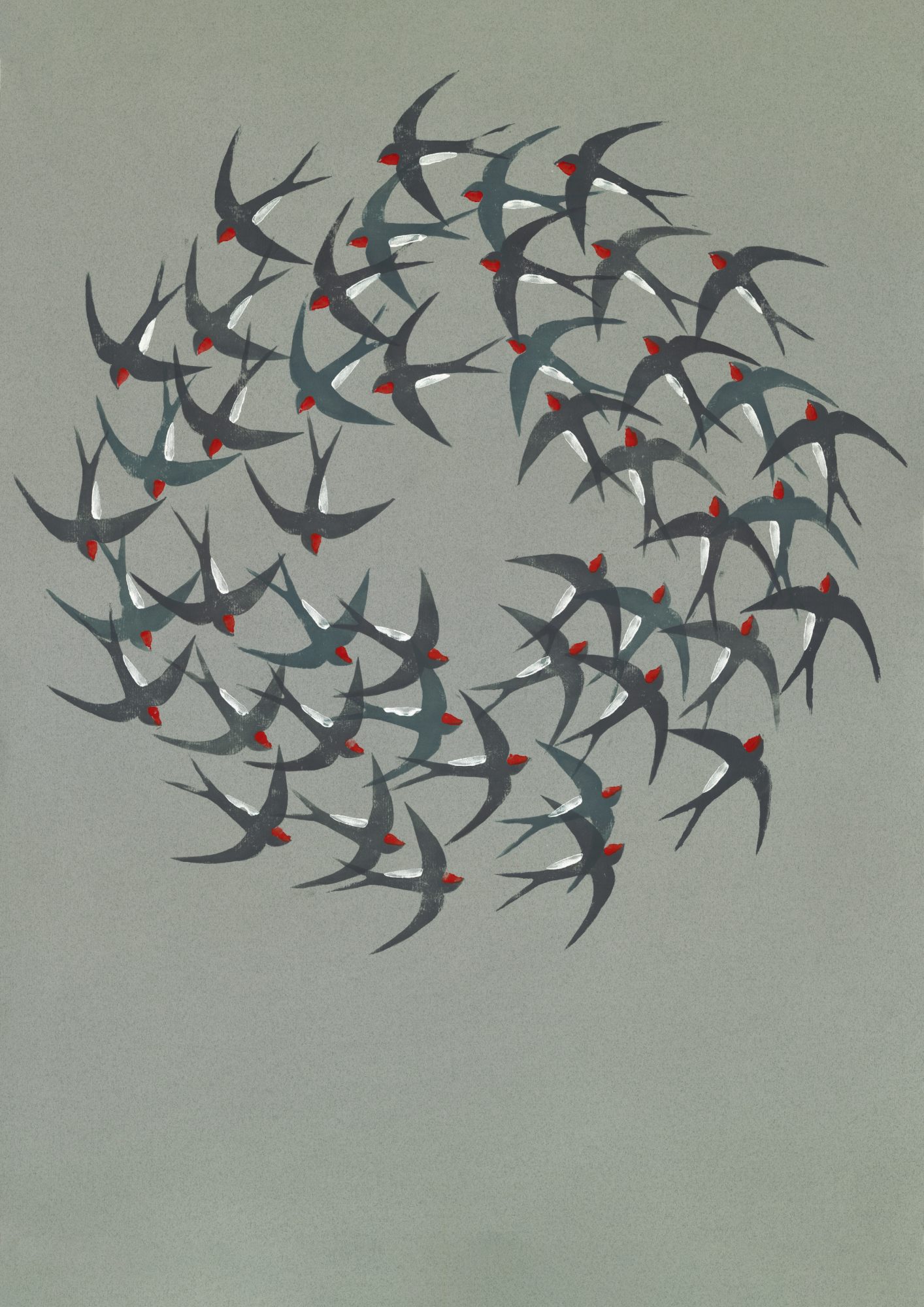 Linoprint of swallows flying in a circle