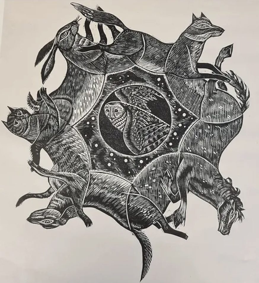Linoprint by Rebecca Perdue titled A Beautiful Mind