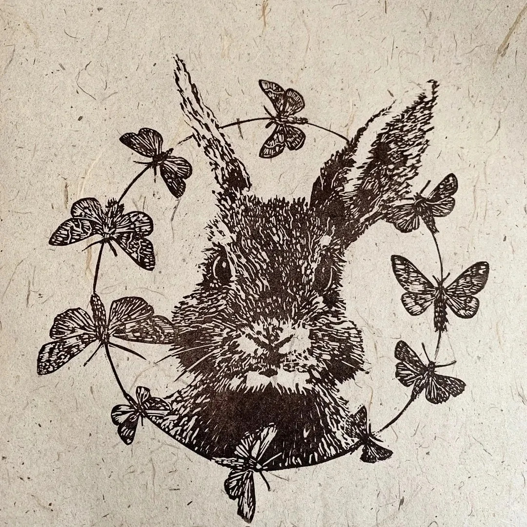 Linoprint of a rabbit by Steph Dean
