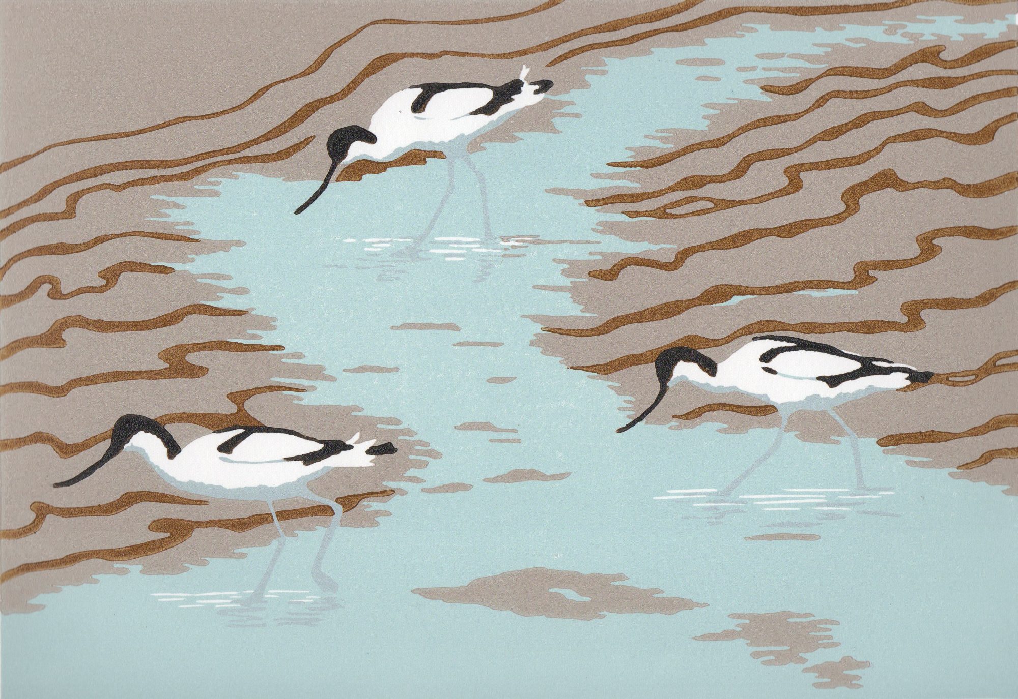 Lino print of wading birds by lino artist Gill Thornton