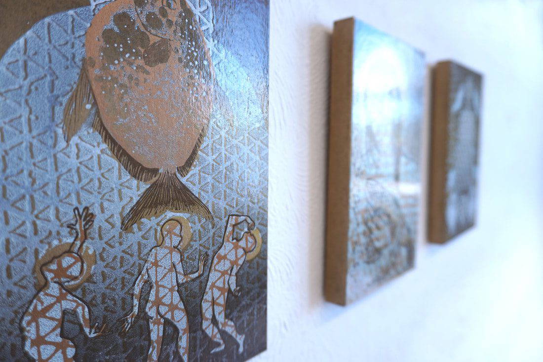 Series of 3 prints by printmaker Scarlett Rebecca titled Past Present Future