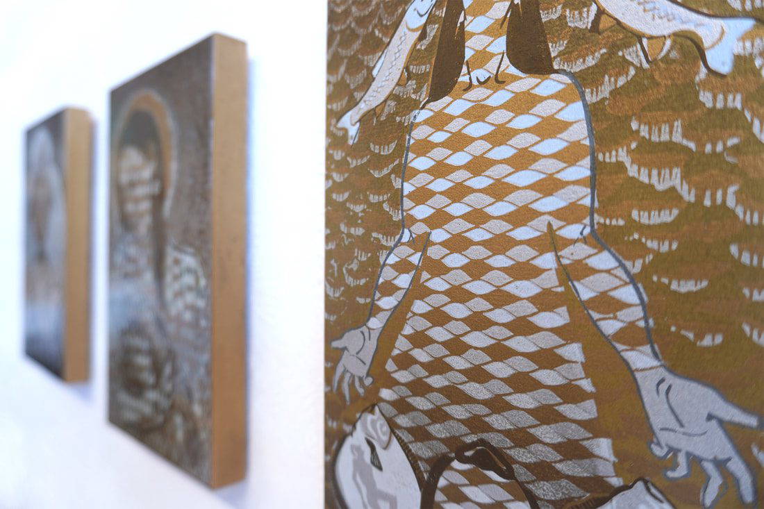 Series of 3 prints by printmaker Scarlett Rebecca titled Past Present Future