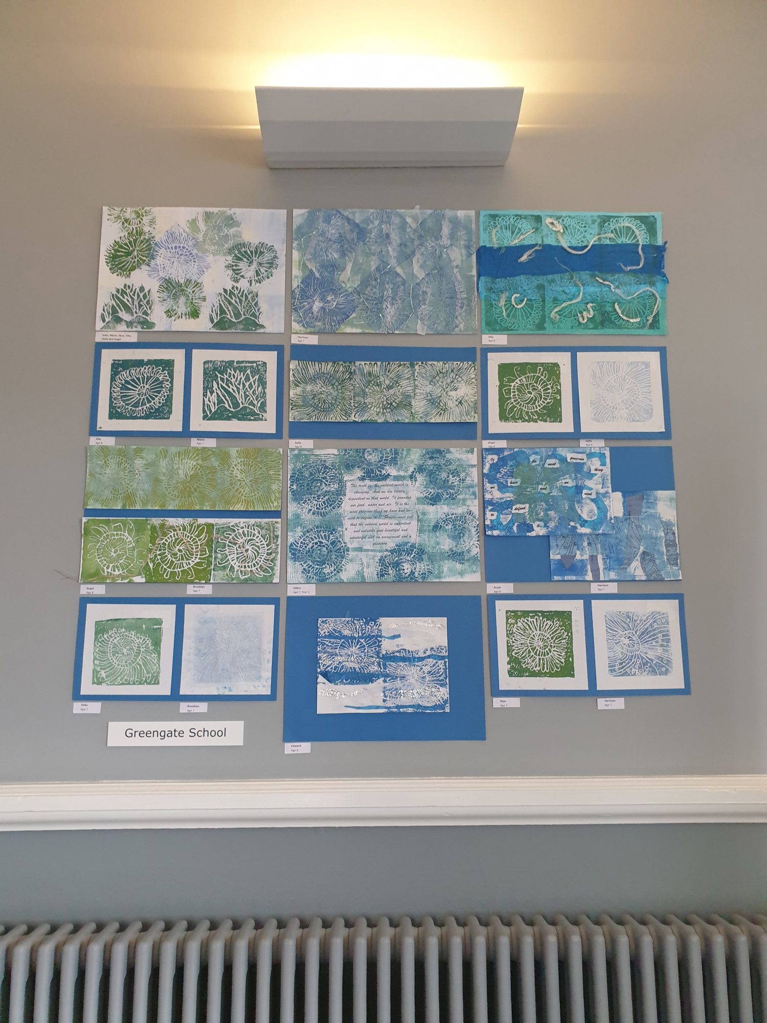 Display of prints that children have made as part of Printfest exhibition 2022