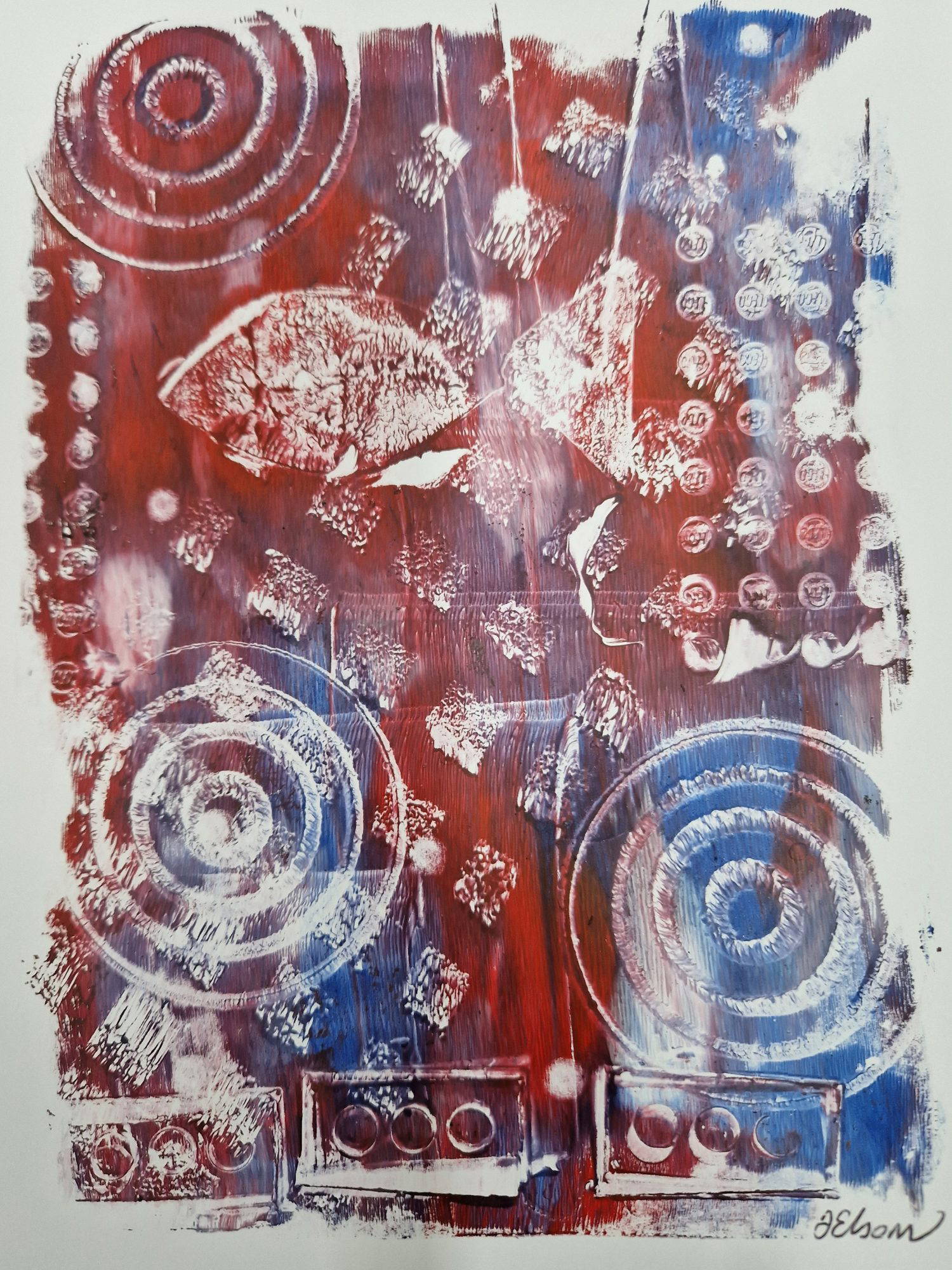 Gelli plate print of blue and red swirls