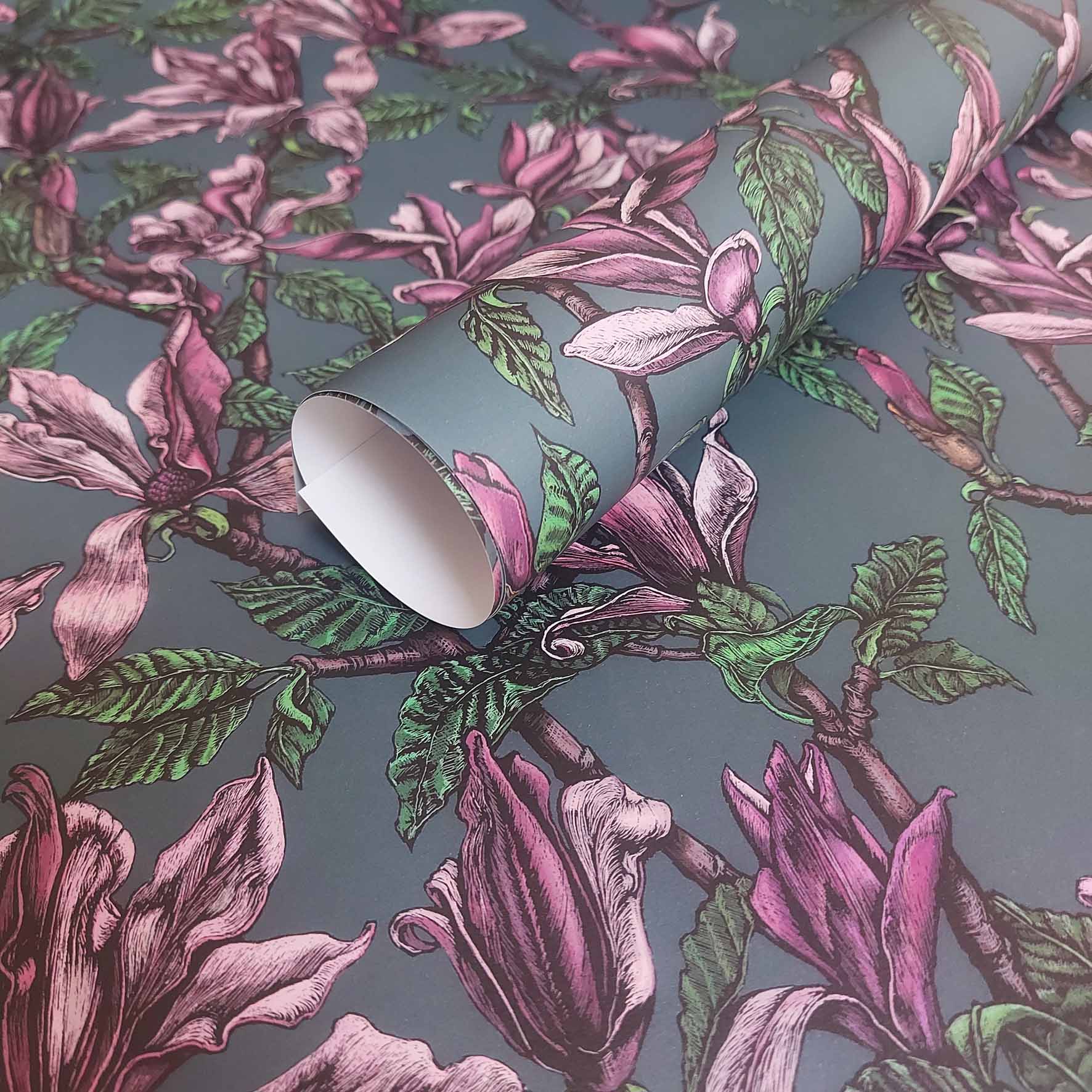 Wrapping paper with magnolia based on a scraperboard design by Rachel Meehan