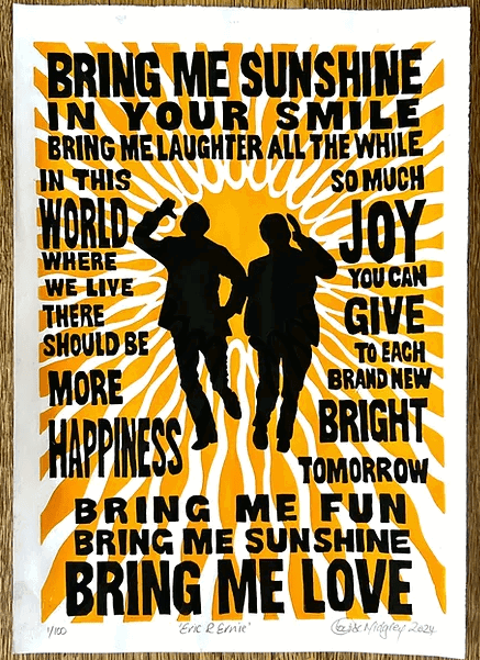 Linoprint by Louise Midgely of Eric and Ernie