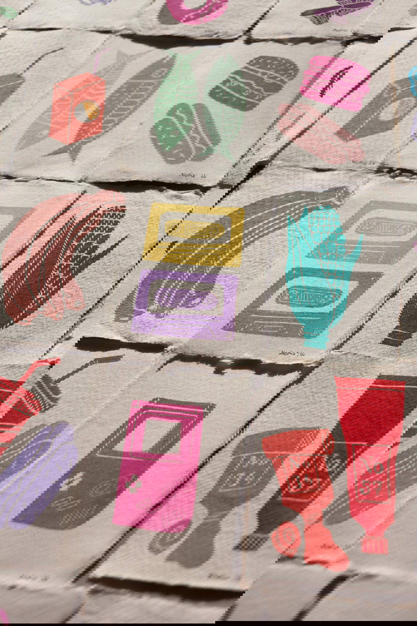 Colorful Lino art items by Nadine Bieg