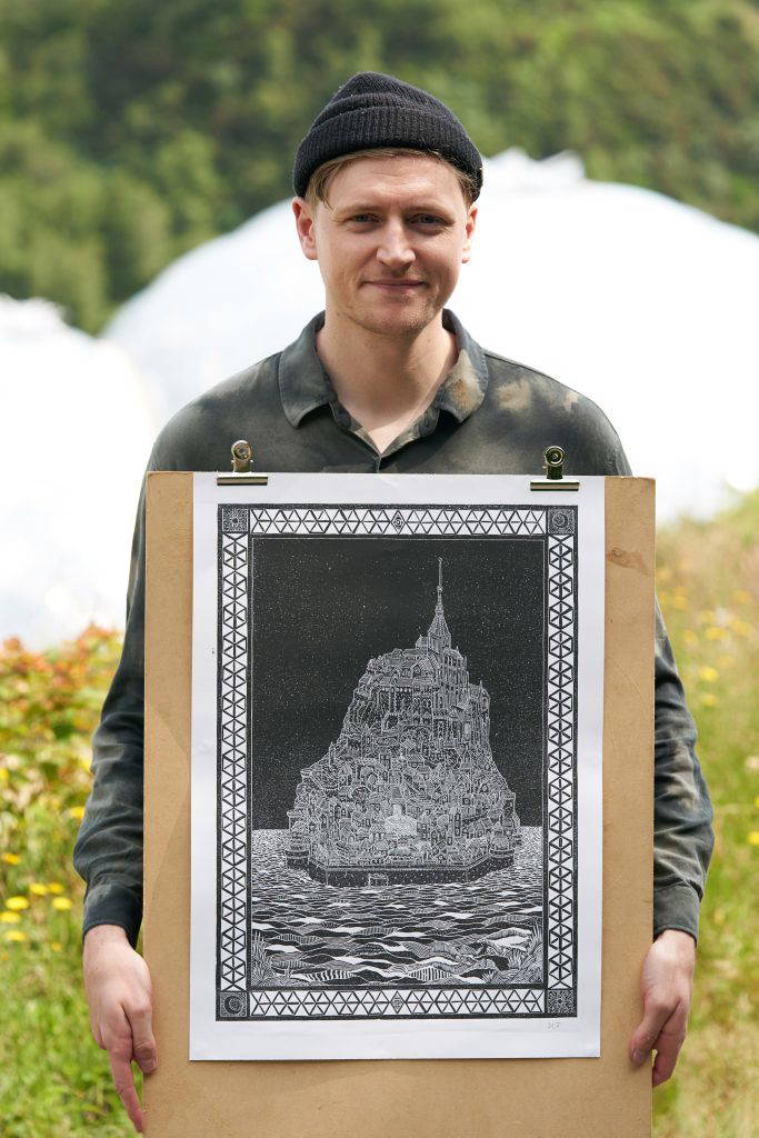 Doug Johnson Holding his Lino print