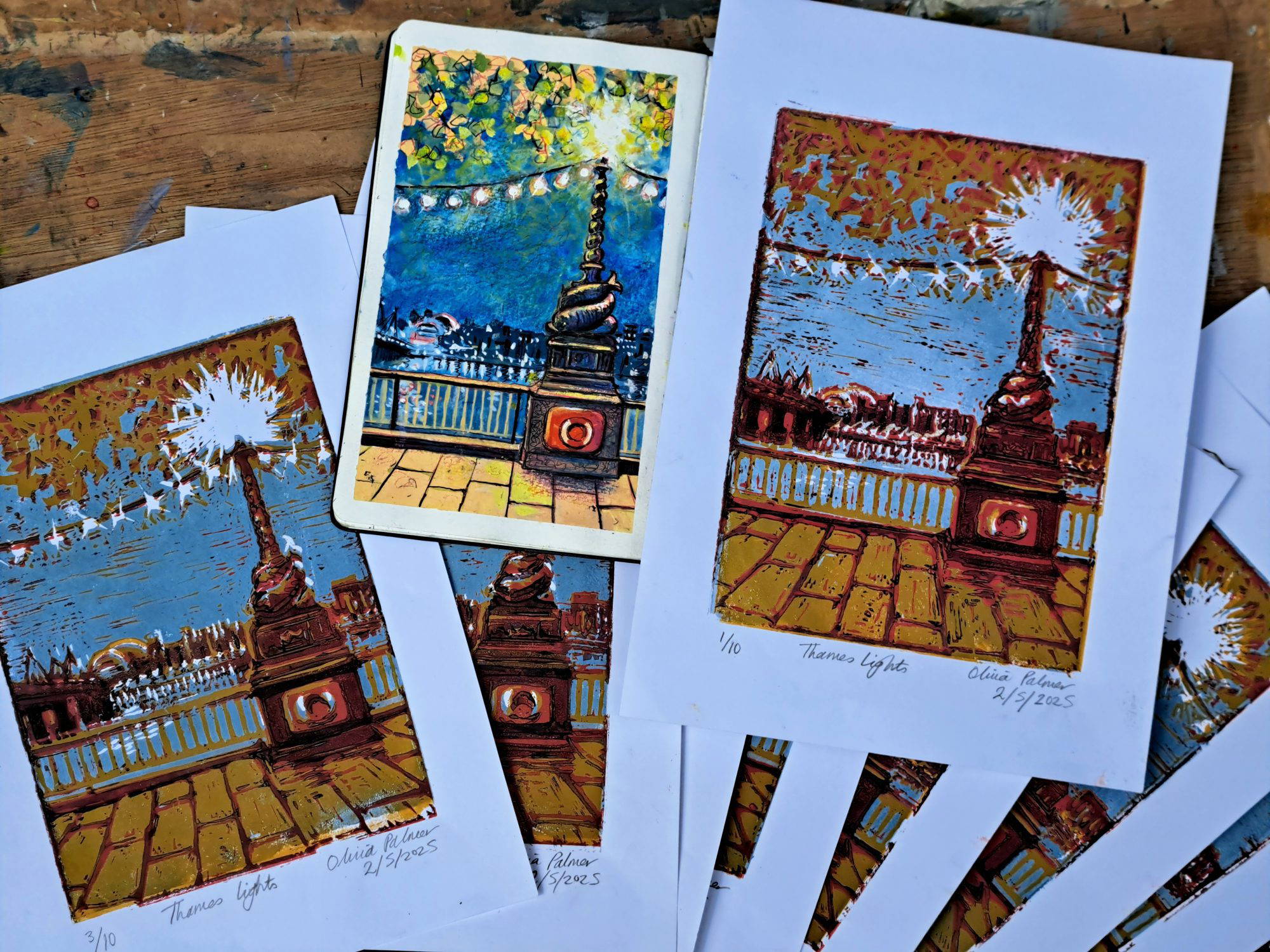 Multiple versions of Thames Lights Lino Print
