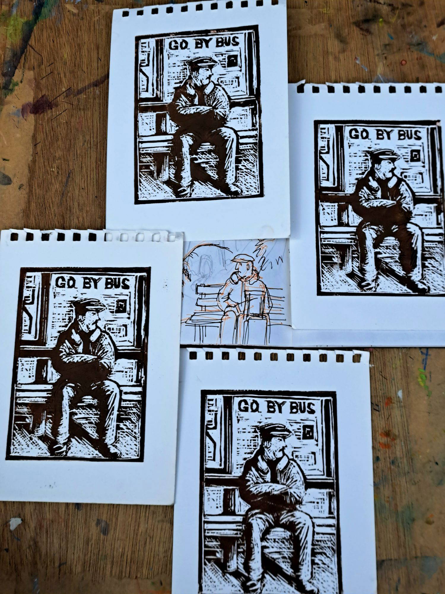 Black and White sitting down man Lino Print