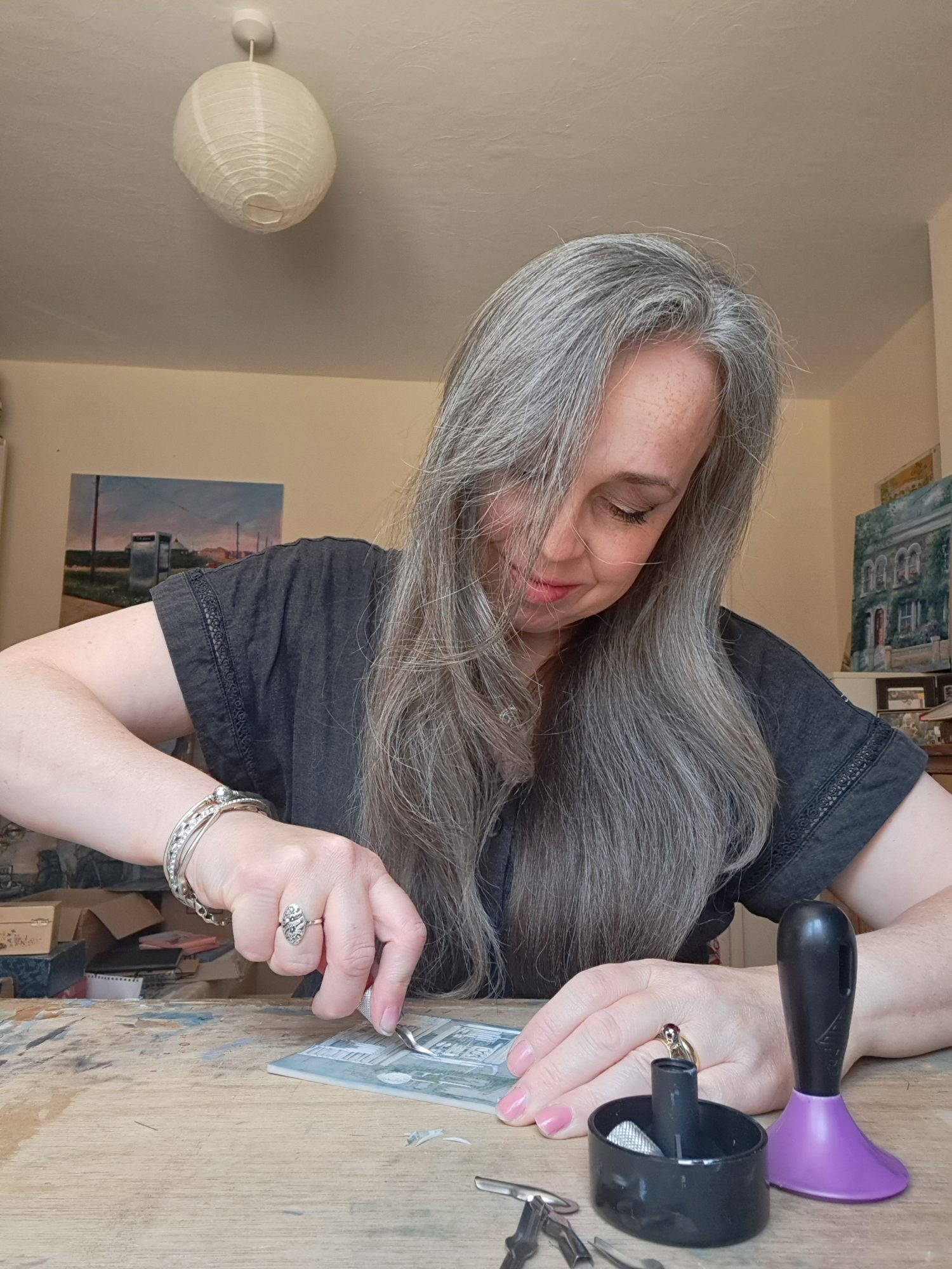 Olivia Palmer Working on her Lino Print