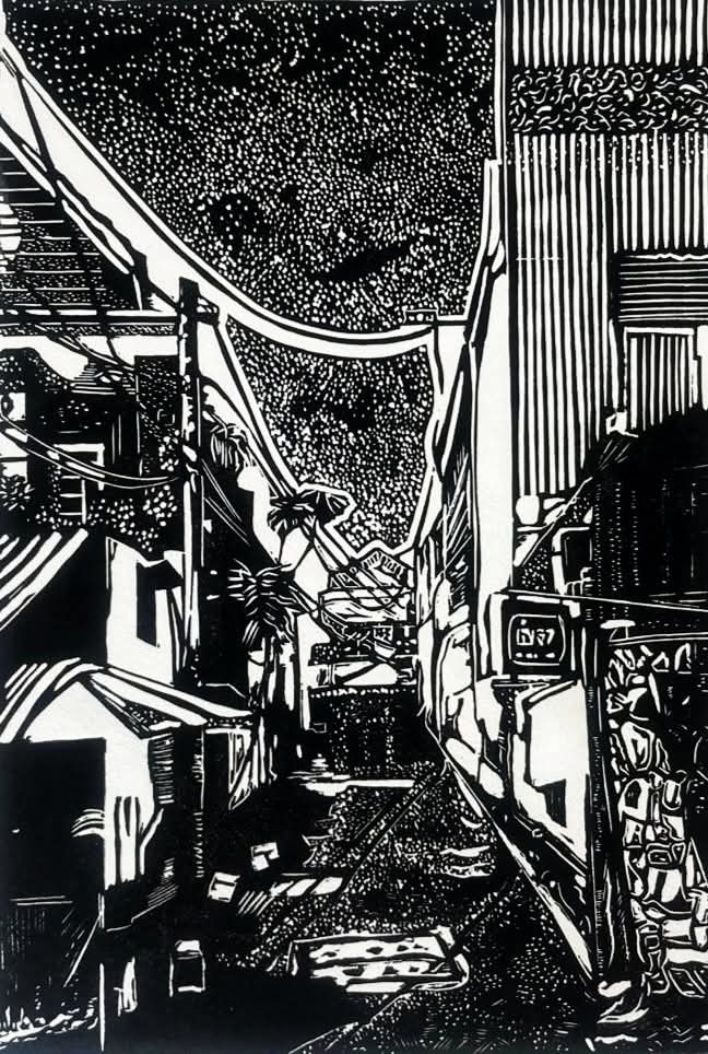 Inked linocut block by Mark James Murphy