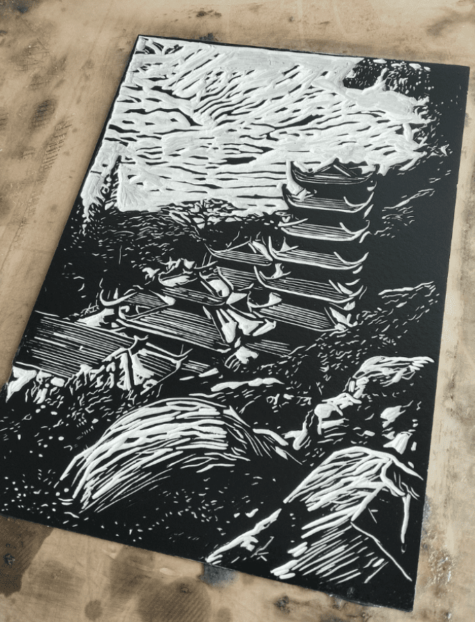 Inked linocut block by Mark James Murphy