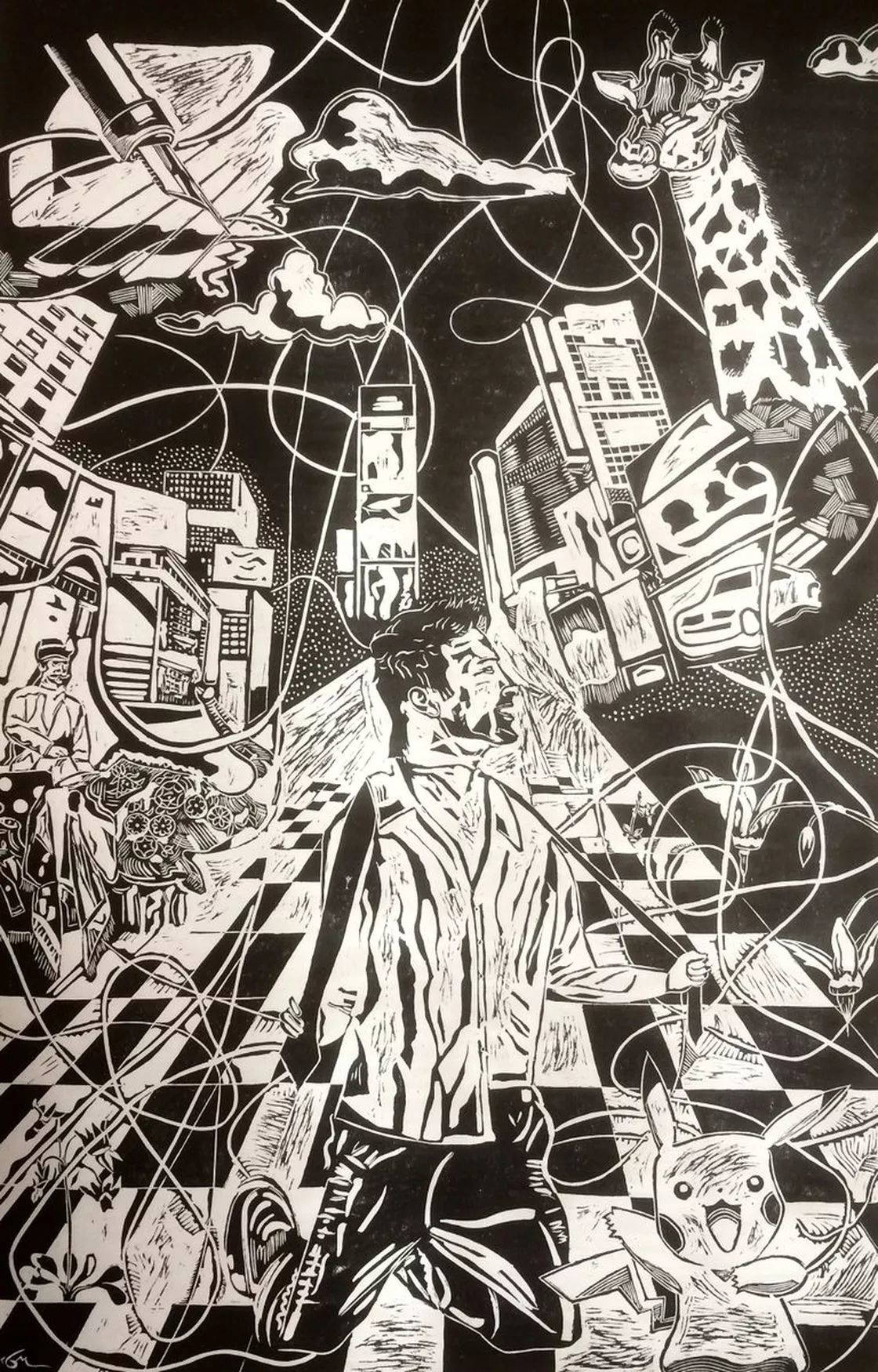 Enea using his Printmaking press