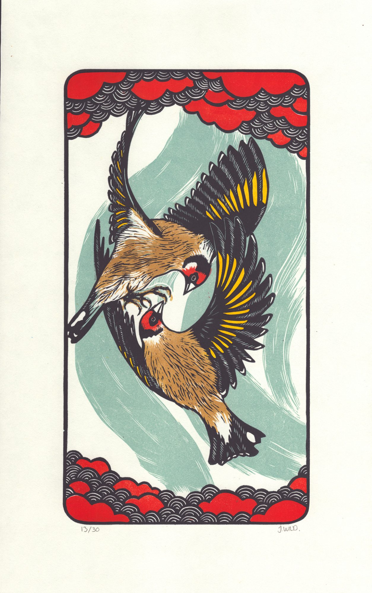 Linoleumtryck av två fasaner av Judith Wild.