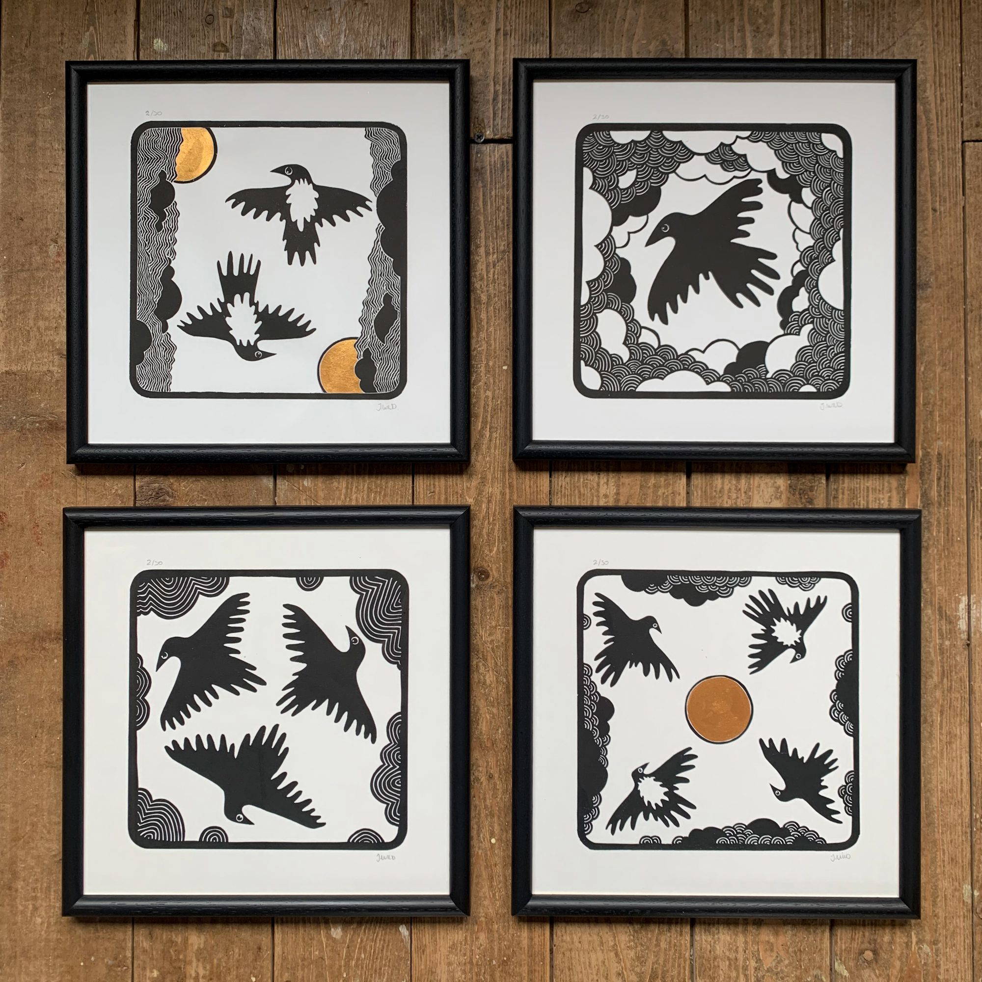 En samling av fyra linoleumtryck av grafikern Judith Wild, som vart och ett föreställer olika fåglar inspirerade av skotsk natur.