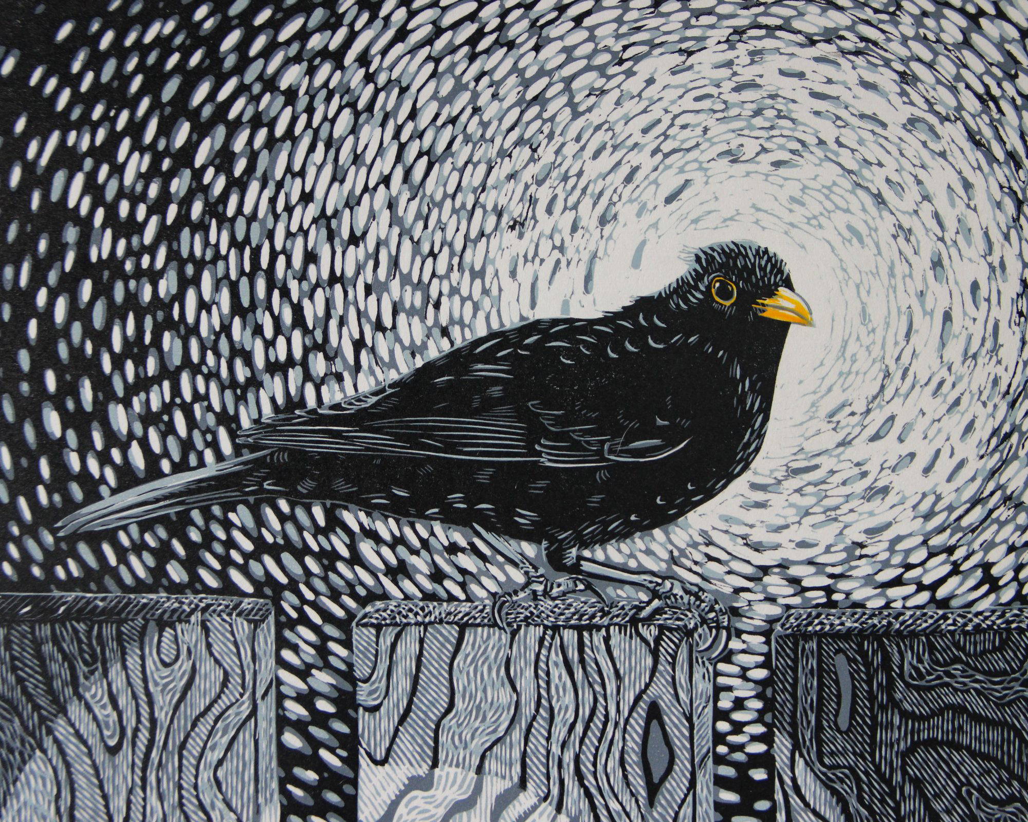 Linoleumtryck av koltrast av den skotska grafikern Judith Wild, inspirerat av Skottlands fåglar och landskap.