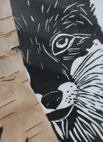 Лисиця, що захована за деревом. Ліногравюра. Автор: Сара Дюбоск